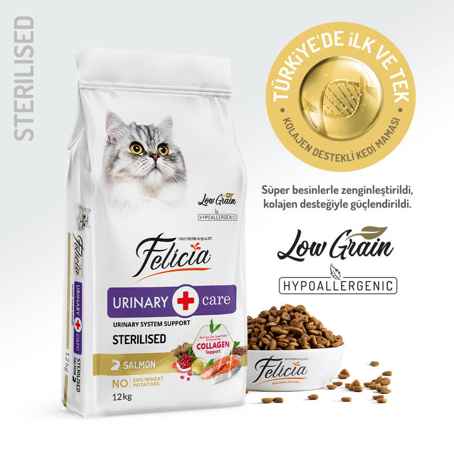 Felicia 12 Kg Kolajenli Somonlu Az Tahıllı Kısırlaştırılmış Kedi Maması  HypoAllergenic Kedi Maması - 1