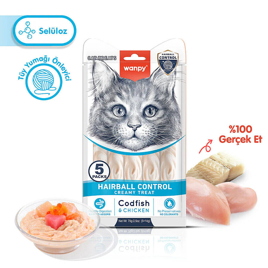 Wanpy Hairball Control Morina Balığı&Tavuk 12'li-F.Krema Ödül 5x14gr - 1